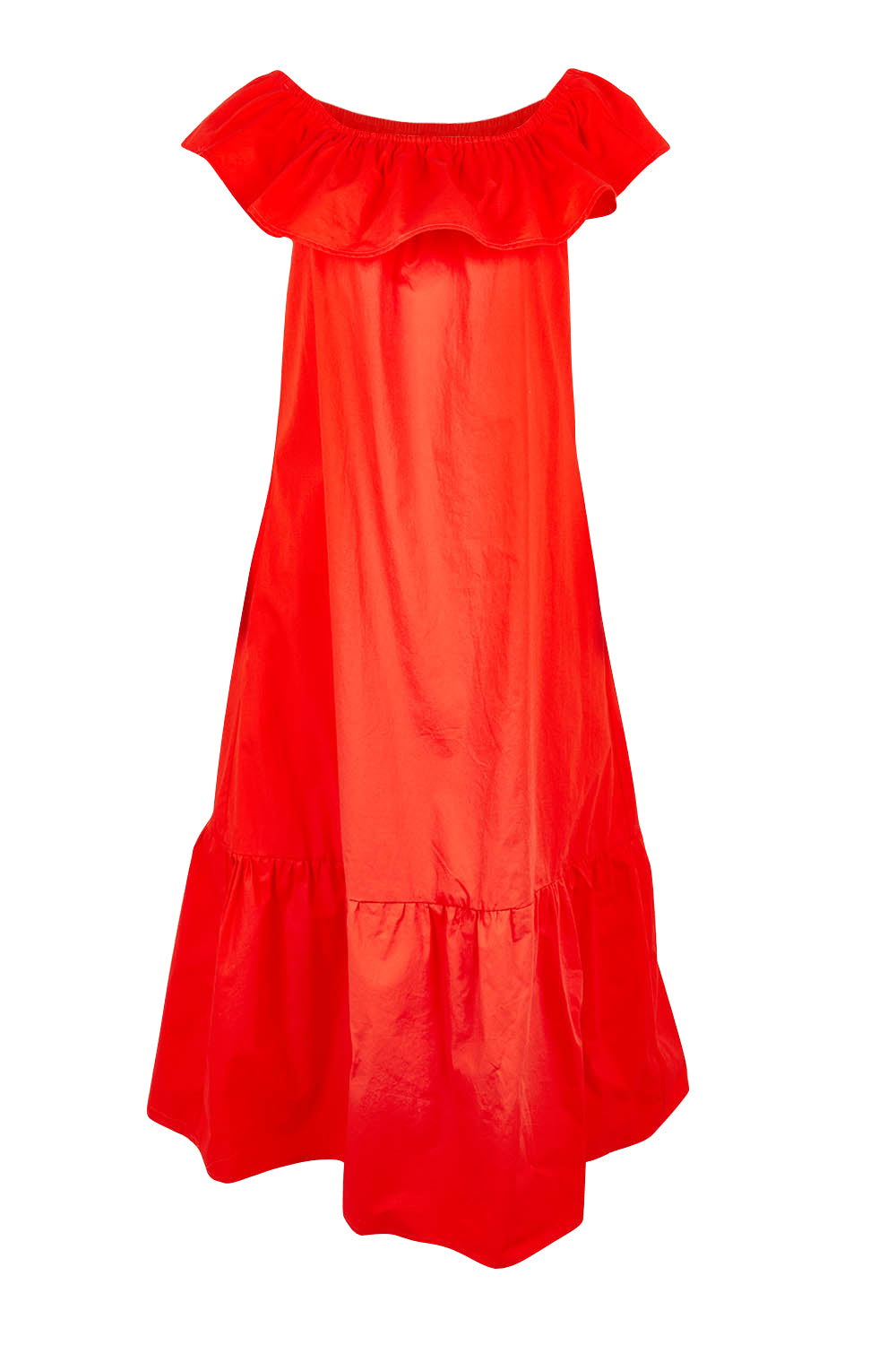 Product shot of the On Or Off The Shoulder Cotton Dress in colour Flame (Red), from the front