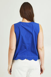 Model Jane wearing size 14 of the Scalloped Hem Cotton Tank in colour Palaceblue (Blue), from the back