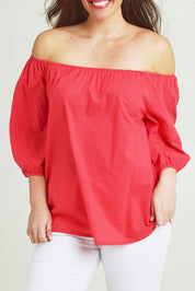 Model Jane wearing size 14 of the On Or Off The Shoulder Cotton Blouse in colour Hibiscus, from the front, cropped image