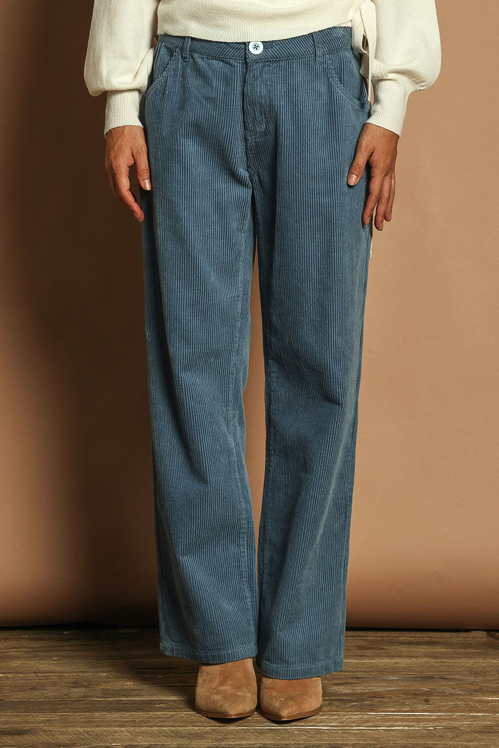 Model Katie wearing size 10 of the Cotton Blend Corduroy Pant in colour Arcticblue (Blue), from the front, cropped image