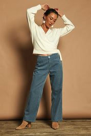 Model Katie wearing size 10 of the Cotton Blend Corduroy Pant in colour Arcticblue (Blue), from the front, showing the whole outfit