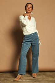 Model Katie wearing size 10 of the Cotton Blend Corduroy Pant in colour Arcticblue (Blue), from the front, showing the whole outfit