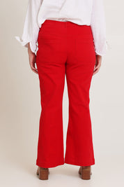 Model Chanel wearing size 16 of the Denim Patch Pocket Jean in colour Red (Red), from the back