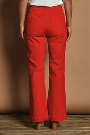 Model Katie wearing size 10 of the Denim Patch Pocket Jean in colour Red (Red), from the back