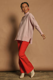 Model Katie wearing size 10 of the Denim Patch Pocket Jean in colour Red (Red), from the front, showing the whole outfit