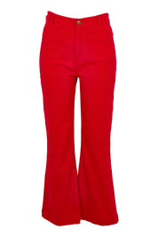 Product shot of the Denim Patch Pocket Jean in colour Red (Red), from the front
