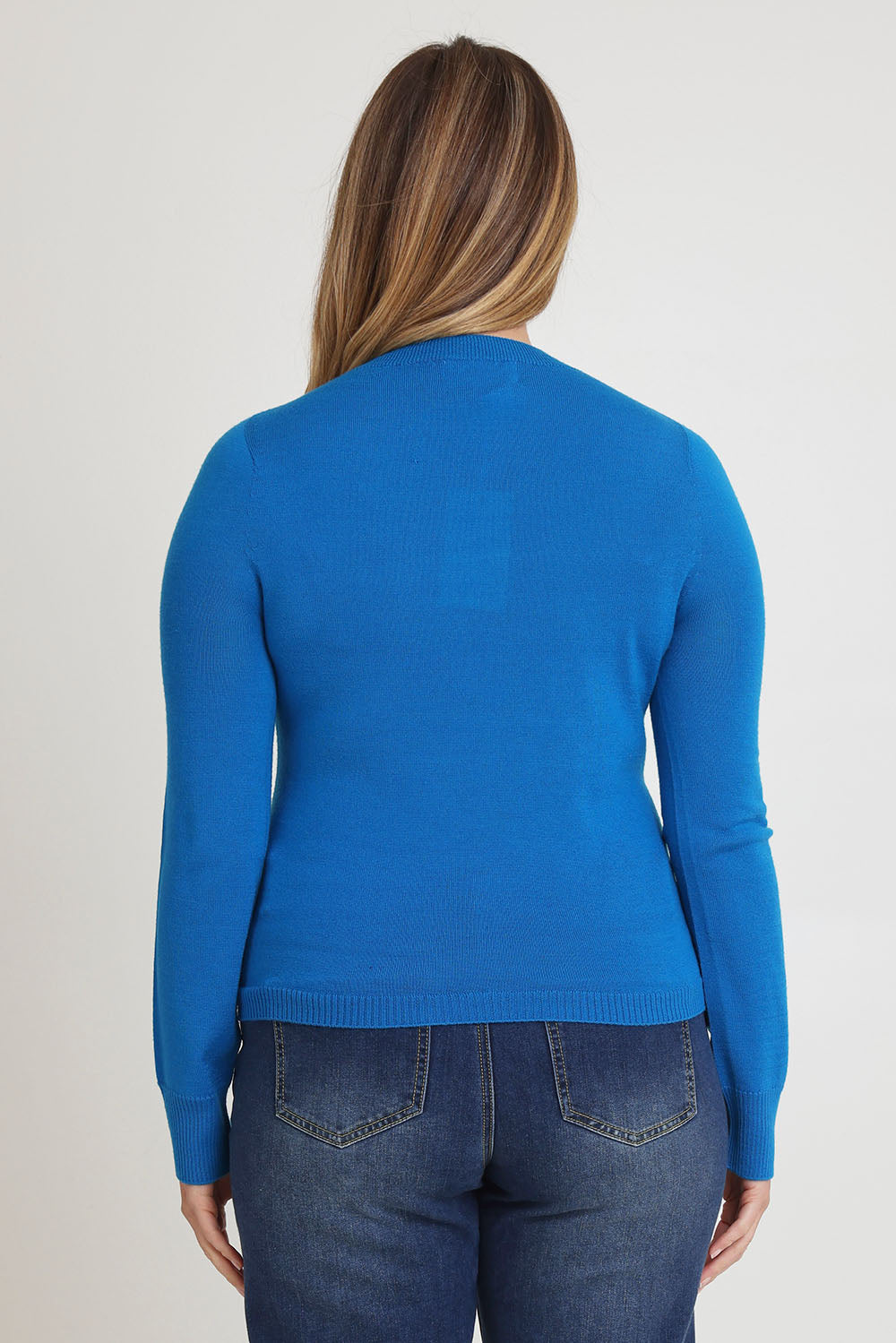 Model Chanel wearing size XL of the Extra Fine Merino Wool Long Sleeve Knit in colour Blue (Blue), from the back