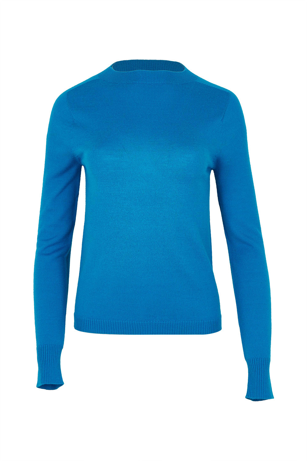 Product shot of the Extra Fine Merino Wool Long Sleeve Knit in colour Blue (Blue), from the front