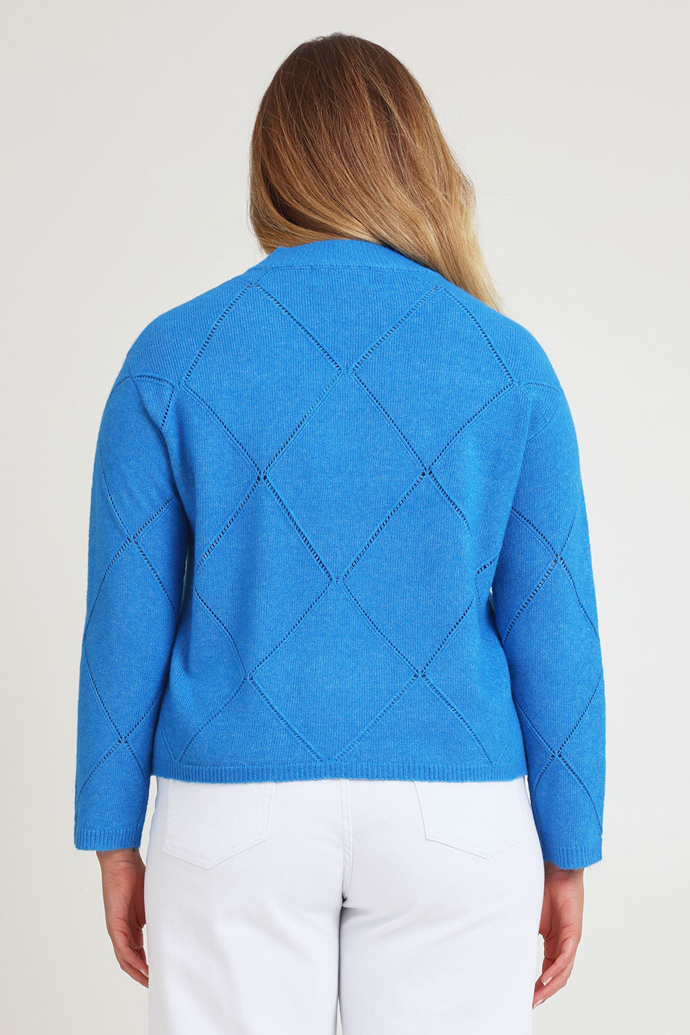 Model Chanel wearing size XL of the Diamond Crew Neck Sweater in colour Cobalt (Blue), from the back