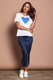Model Madeline wearing size 10 of the Mercerized Cotton Love Tee in colour Boldblue (Blue), from the front, showing the whole outfit