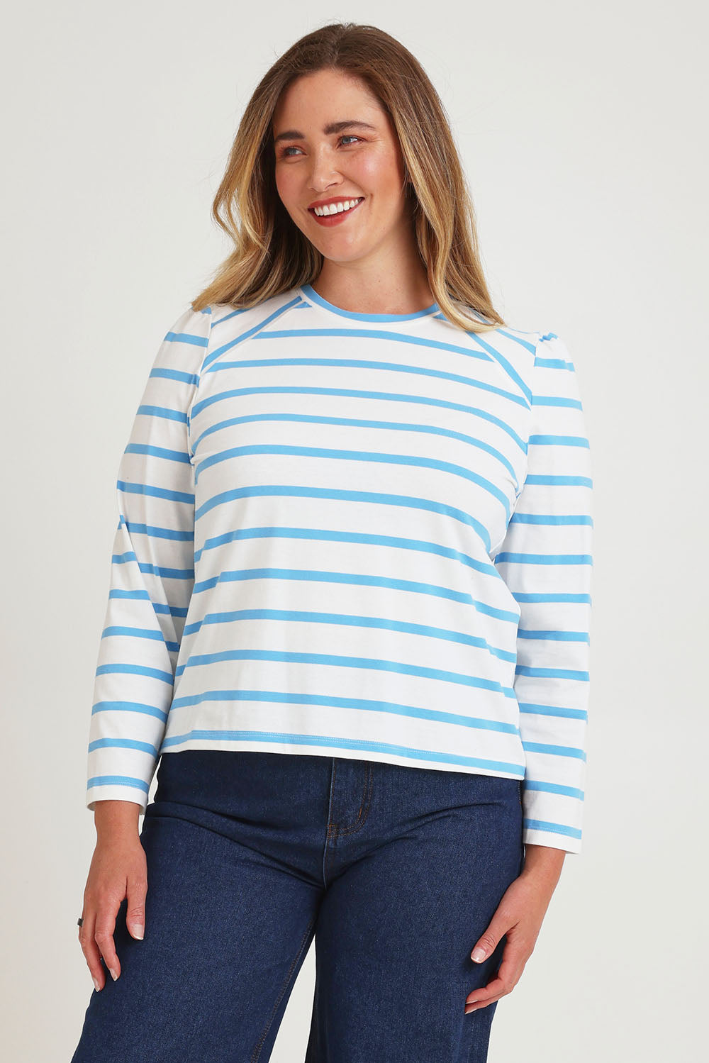 Model Chanel wearing size 16 of the Cotton Stripe Long Sleeve Top in colour Bluewhite (Blue), from the front, cropped image