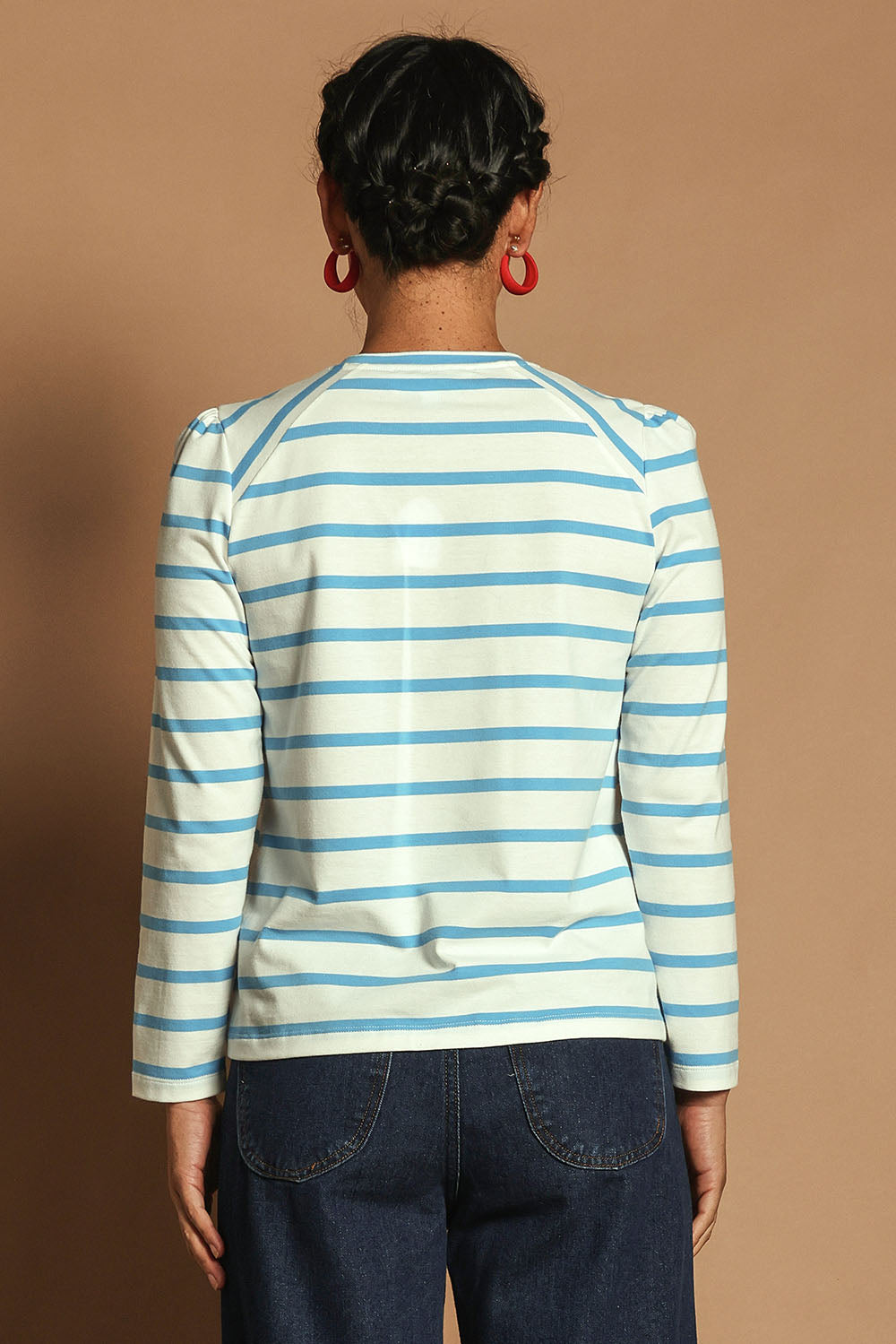 Model Katie wearing size 10 of the Cotton Stripe Long Sleeve Top in colour Bluewhite (Blue), from the back