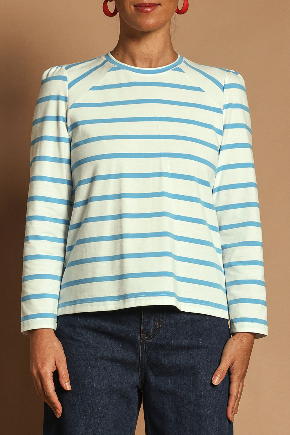 Model Katie wearing size 10 of the Cotton Stripe Long Sleeve Top in colour Bluewhite (Blue), from the front, cropped image