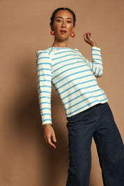 Model Katie wearing size 10 of the Cotton Stripe Long Sleeve Top in colour Bluewhite (Blue), from the front, showing the whole outfit