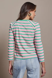 Model Madeline wearing size 10 of the Cotton Stripe Long Sleeve Top in colour Pinkgreen (Green), from the back