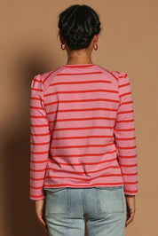 Model Katie wearing size 10 of the Cotton Stripe Long Sleeve Top in colour Redpink (Pink), from the back