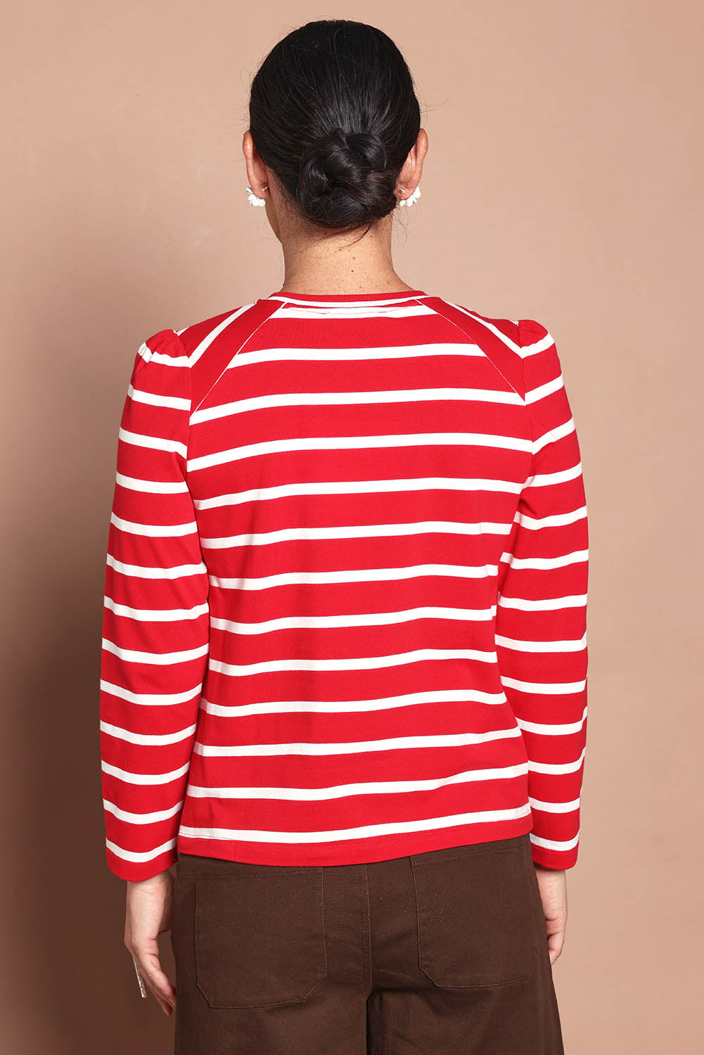 Model Katie wearing size 10 of the Cotton Stripe Long Sleeve Top in colour Redwhite (Red), from the back