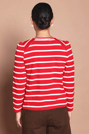 Model Katie wearing size 10 of the Cotton Stripe Long Sleeve Top in colour Redwhite (Red), from the back