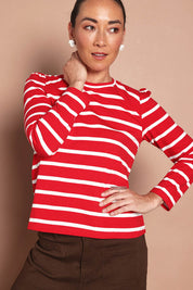 Model Katie wearing size 10 of the Cotton Stripe Long Sleeve Top in colour Redwhite (Red), from the front, cropped image