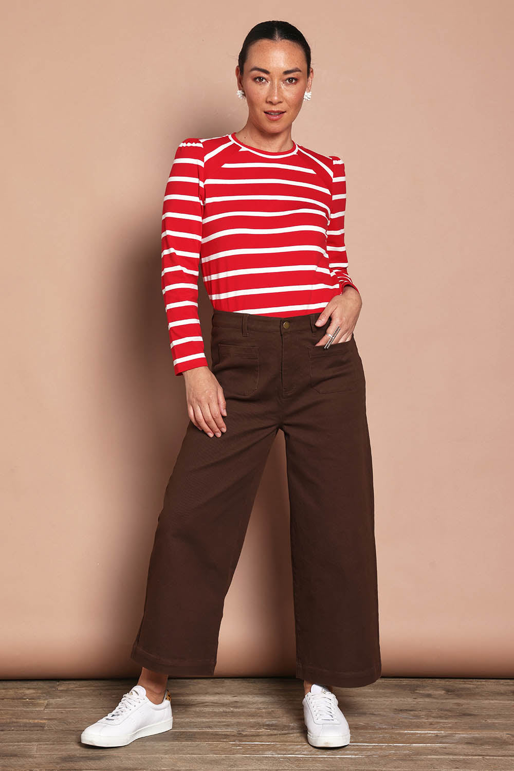 Model Katie wearing size 10 of the Cotton Stripe Long Sleeve Top in colour Redwhite (Red), from the front, showing the whole outfit