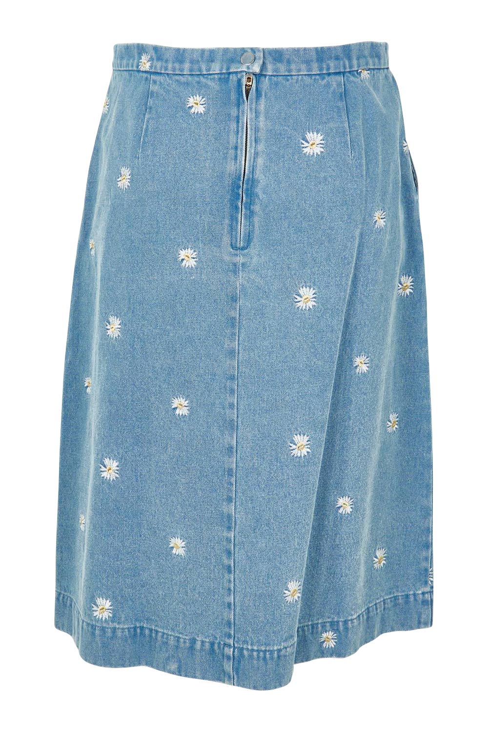 Product shot of the Daisy Denim A Line Skirt in colour Daisy (Blue), from the back