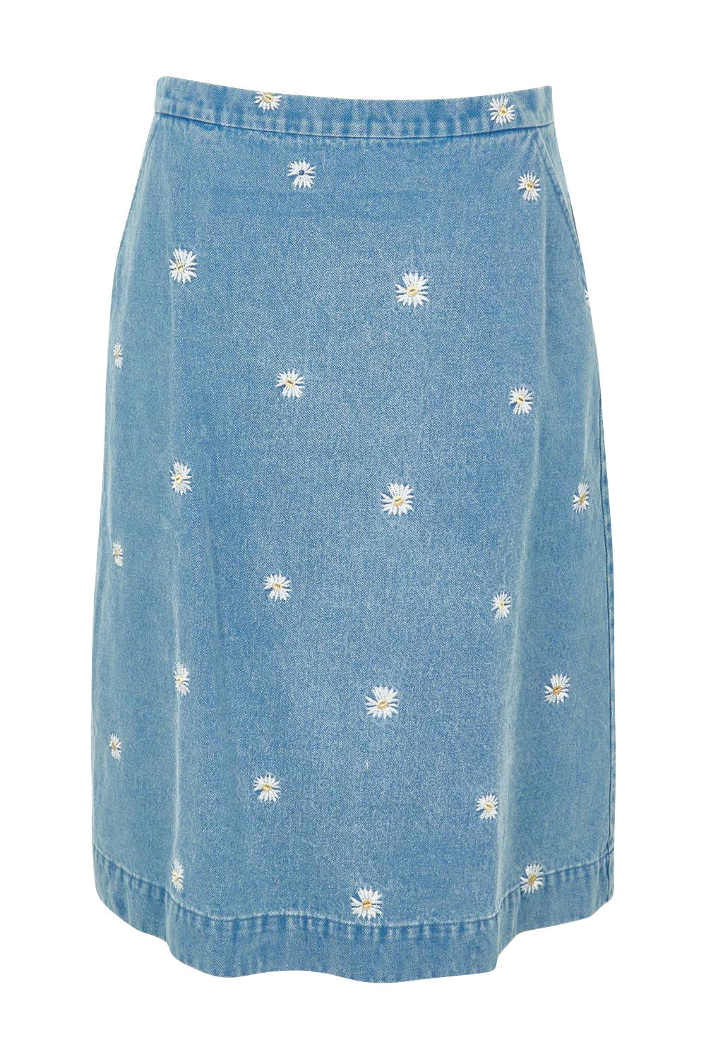 Product shot of the Daisy Denim A Line Skirt in colour Daisy (Blue), from the front