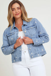 Model Chanel wearing size 16 of the Daisy Denim Jacket in colour Daisy (Blue), from the front, cropped image