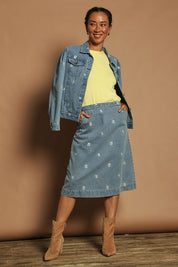 Model Katie wearing size 10 of the Daisy Denim Jacket in colour Daisy (Blue), from the front, showing the whole outfit