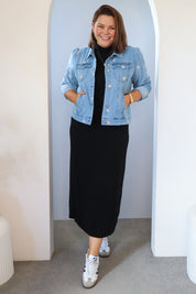 Model Stacey wearing size 14 of the Daisy Denim Jacket in colour Daisy (Blue), from the front, showing the whole outfit
