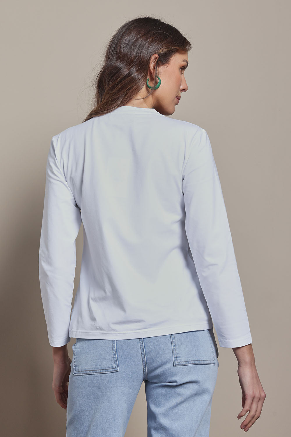 Model Madeline wearing size 10 of the Mercerized Cotton Love Long Sleeve Tee in colour Green (Green), from the back