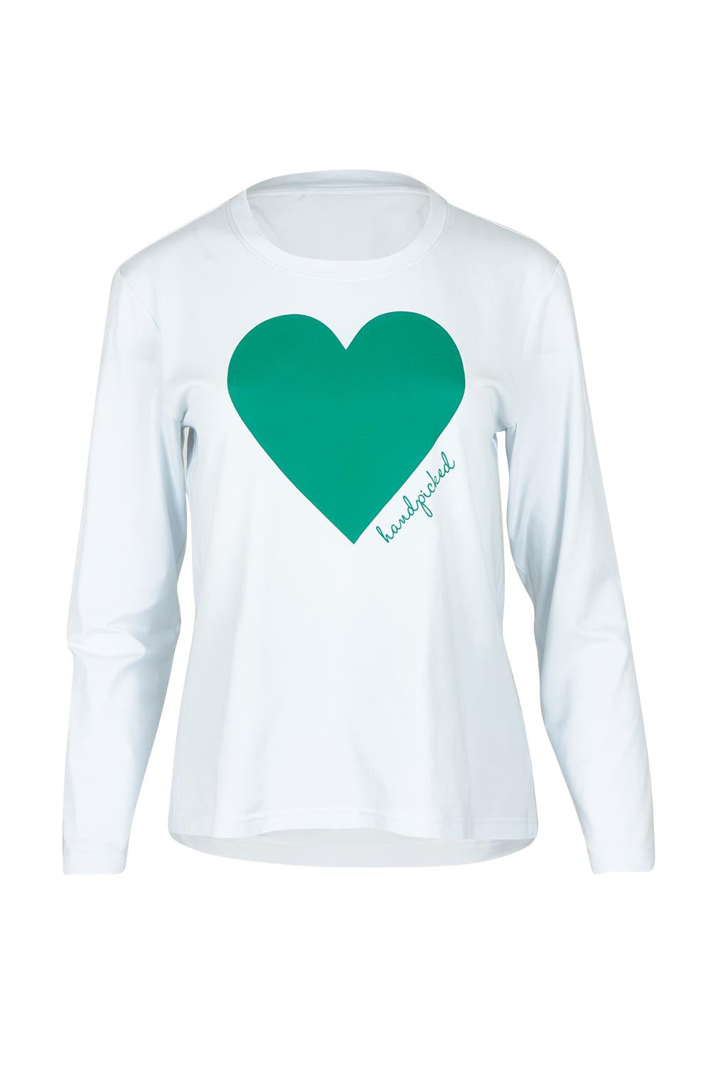 Product shot of the Mercerized Cotton Love Long Sleeve Tee in colour Green (Green), from the front