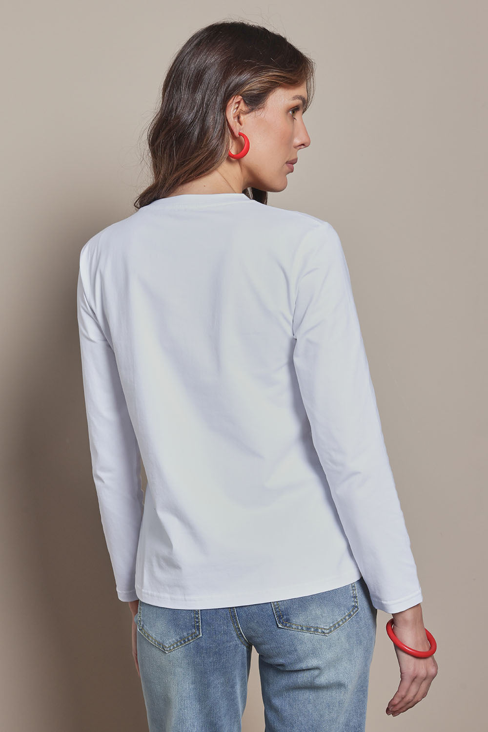 Model Madeline wearing size 10 of the Mercerized Cotton Love Long Sleeve Tee in colour Red (White), from the back