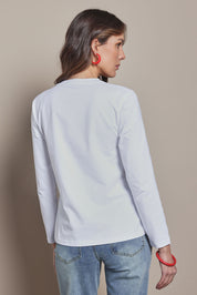 Model Madeline wearing size 10 of the Mercerized Cotton Love Long Sleeve Tee in colour Red (White), from the back