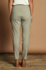 Model Katie wearing size 10 of the Pull On Check Pants in colour Mintcheck (Blue), from the back