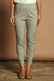 Model Katie wearing size 10 of the Pull On Check Pants in colour Mintcheck (Blue), from the front, cropped image
