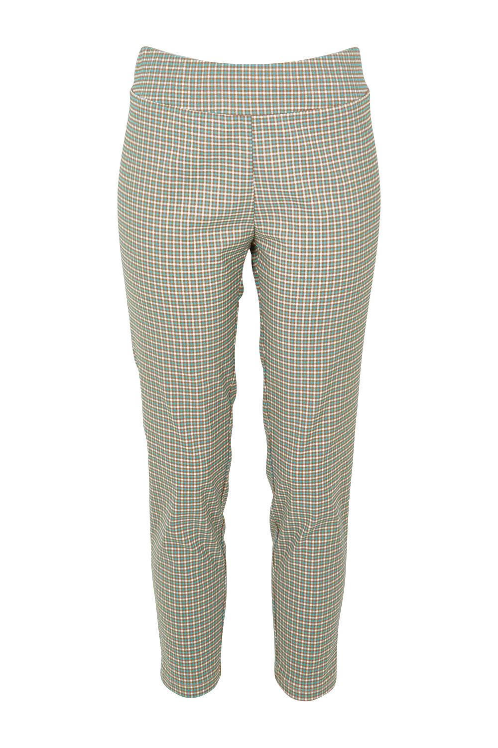 Product shot of the Pull On Check Pants in colour Mintcheck (Blue), from the front