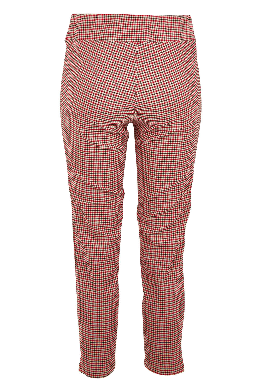 Product shot of the Pull On Check Pants in colour Redcheck (Red), from the back