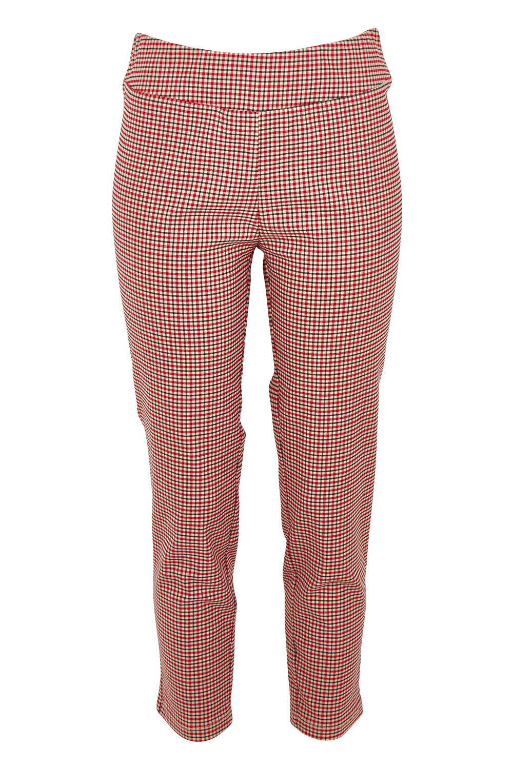 Product shot of the Pull On Check Pants in colour Redcheck (Red), from the front