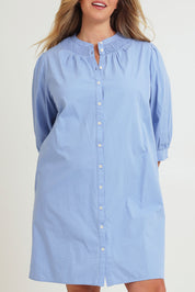 Model Chanel wearing size 16 of the Cotton Button Up Dress in colour Wisteria (Purple), from the front, cropped image