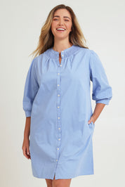 Model Chanel wearing size 16 of the Cotton Button Up Dress in colour Wisteria (Purple), from the front, cropped image
