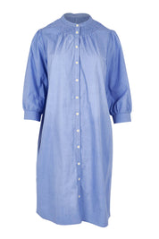 Product shot of the Cotton Button Up Dress in colour Wisteria (Purple), from the front