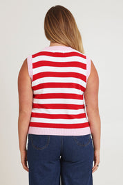 Model Chanel wearing size XL of the Cotton Blend Stripe Vest in colour Redwhite (Red), from the back