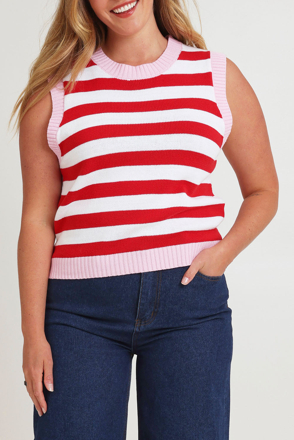 Model Chanel wearing size XL of the Cotton Blend Stripe Vest in colour Redwhite (Red), from the front, cropped image