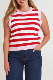Model Chanel wearing size XL of the Cotton Blend Stripe Vest in colour Redwhite (Red), from the front, cropped image