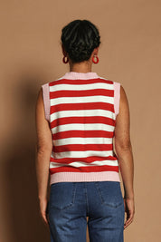 Model Katie wearing size S of the Cotton Blend Stripe Vest in colour Redwhite (Red), from the back