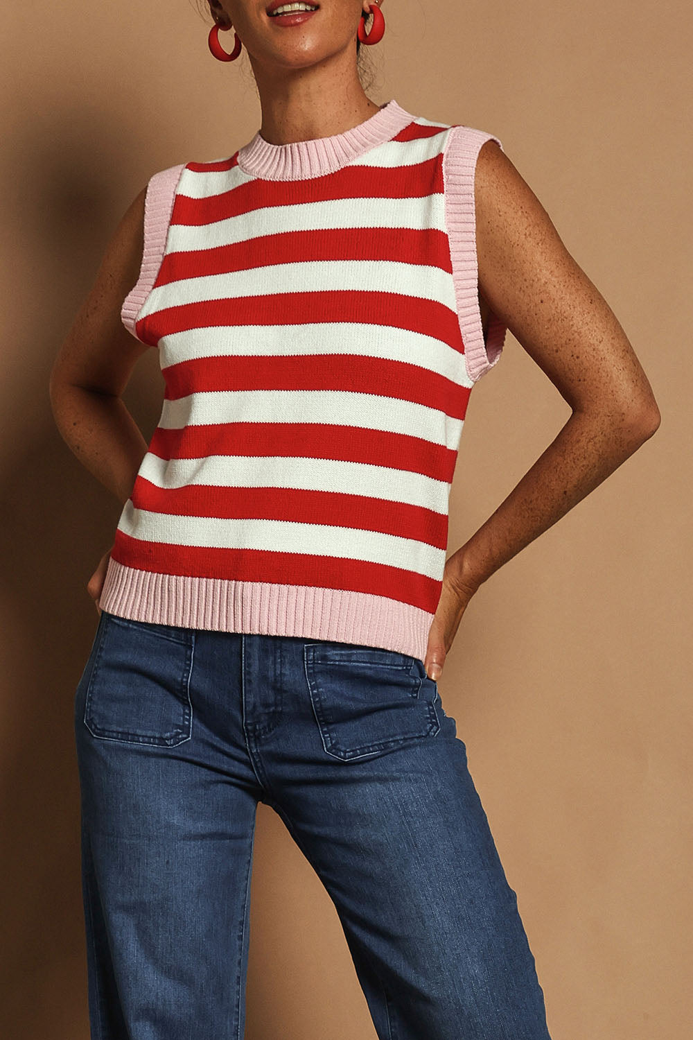 Model Katie wearing size S of the Cotton Blend Stripe Vest in colour Redwhite (Red), from the front, cropped image