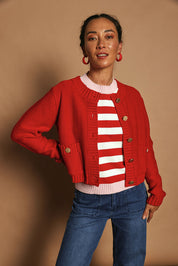 Model Katie wearing size S of the Cotton Blend Stripe Vest in colour Redwhite (Red), from the front, cropped image