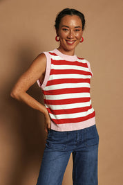 Model Katie wearing size S of the Cotton Blend Stripe Vest in colour Redwhite (Red), from the front, showing the whole outfit