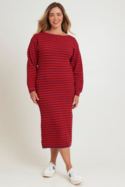 Model Chanel wearing size XL of the Cotton Stripe Knit Dress in colour Redpurple (Red), from the front, showing the whole outfit