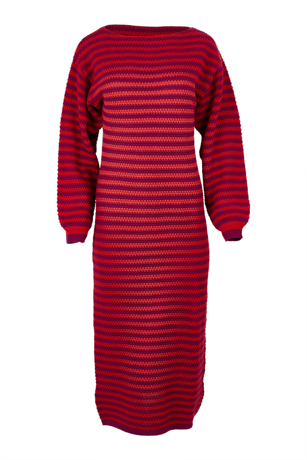 Product shot of the Cotton Stripe Knit Dress in colour Redpurple (Red), from the front